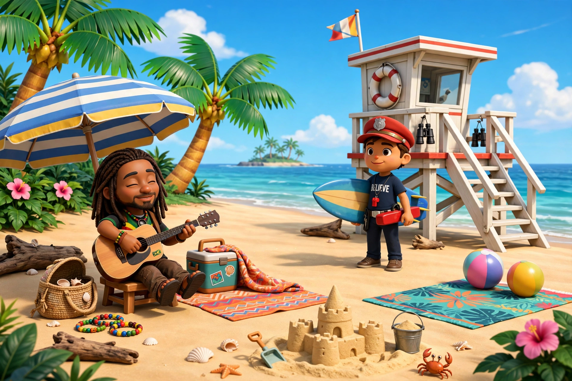 E2 beach with characters relaxing