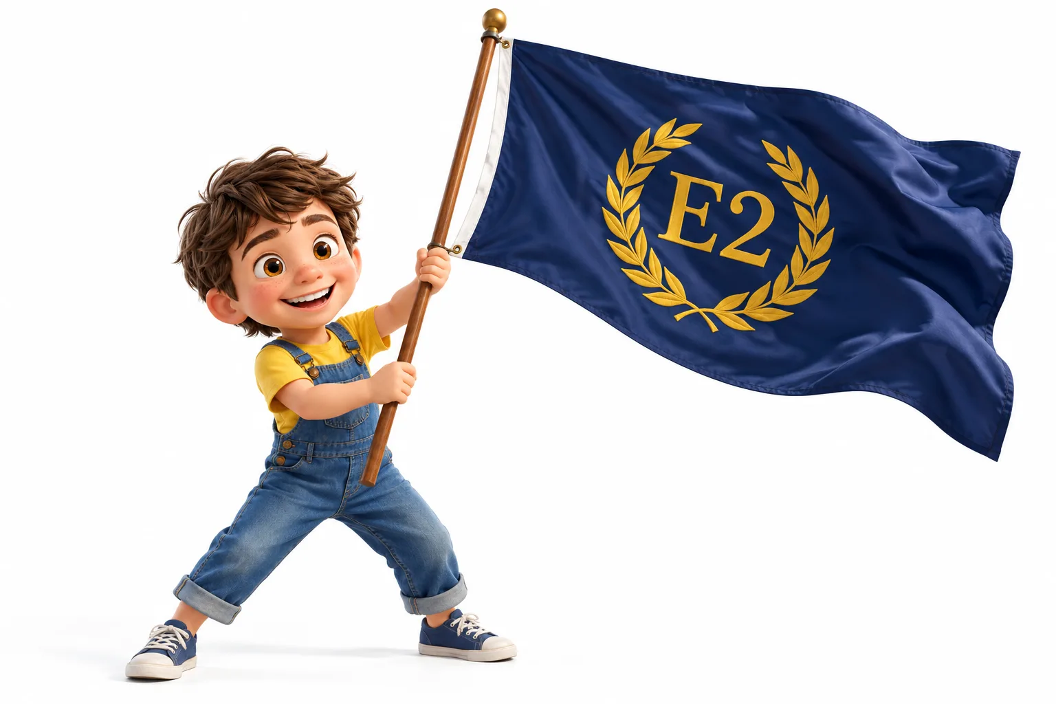 A kid proudly holding the E2 flag: navy blue with gold laurel wreath E2 emblem