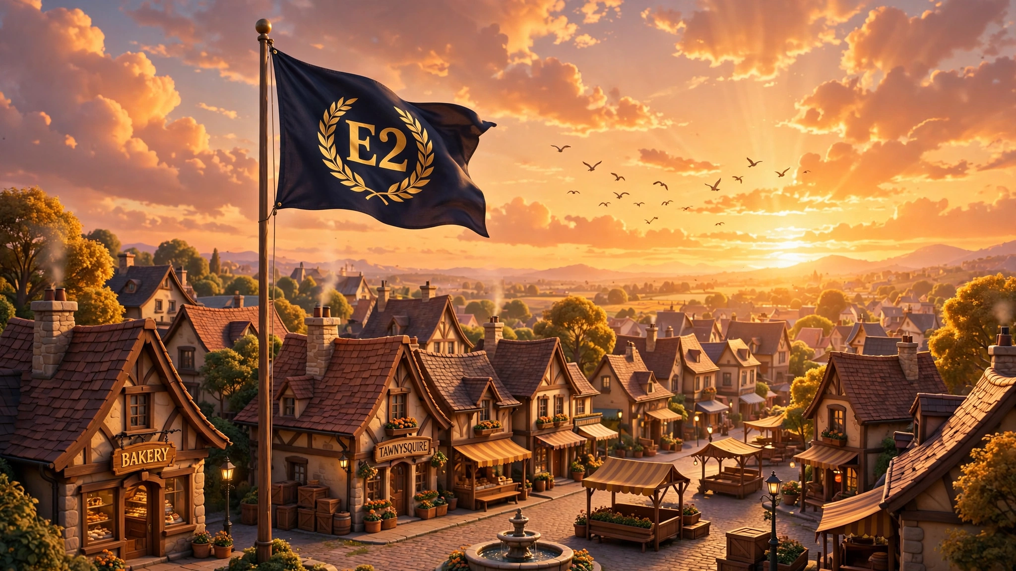 The E2 flag: dark navy with gold laurel wreath E2 emblem, flying over TawnySquire at sunset