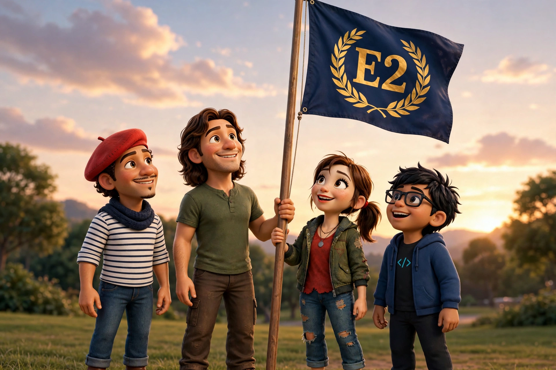The E2 team holding the navy and gold flag together