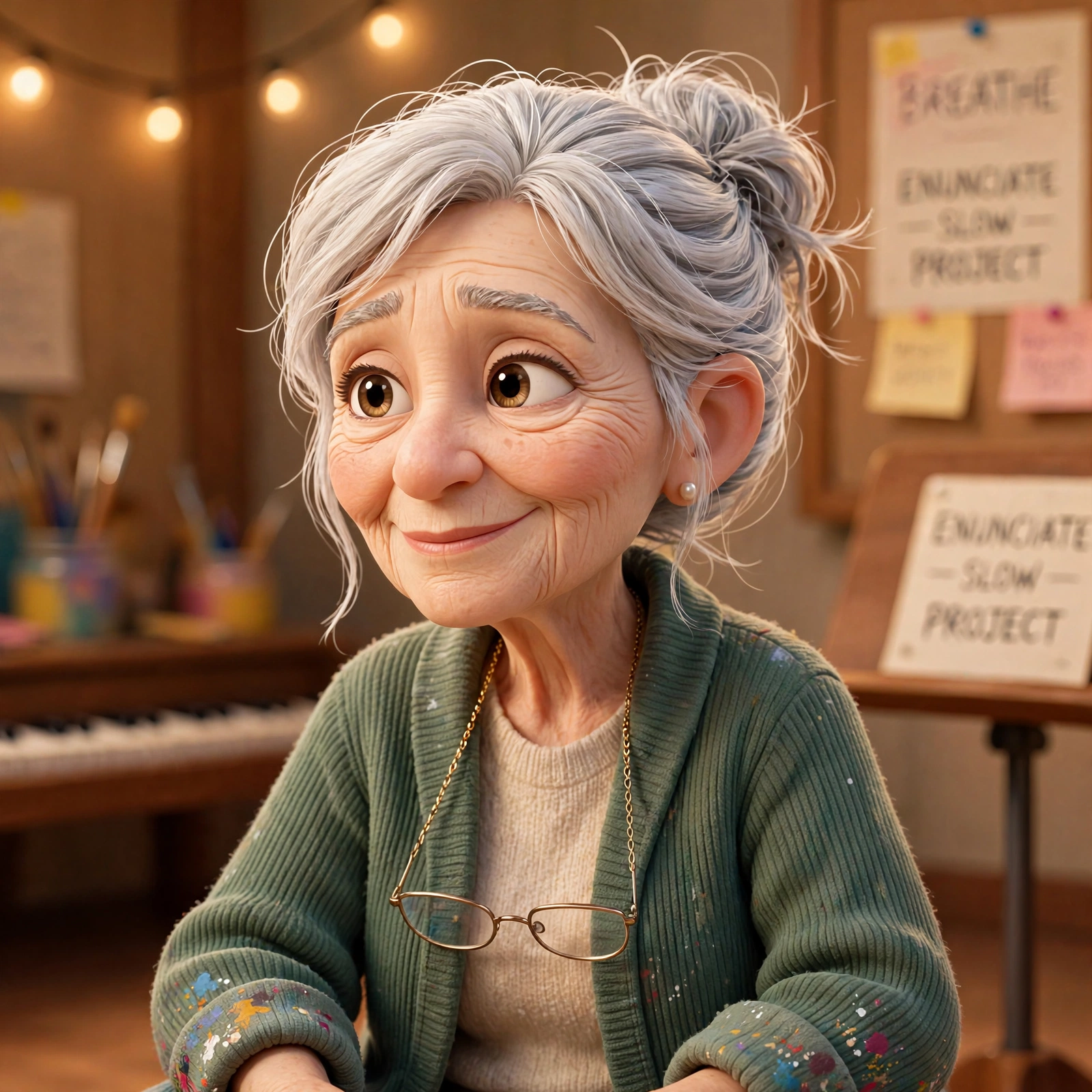 Ada Brooks, a 74-year-old woman with silver hair in a loose knot, paint on her cuffs, reading glasses on a chain