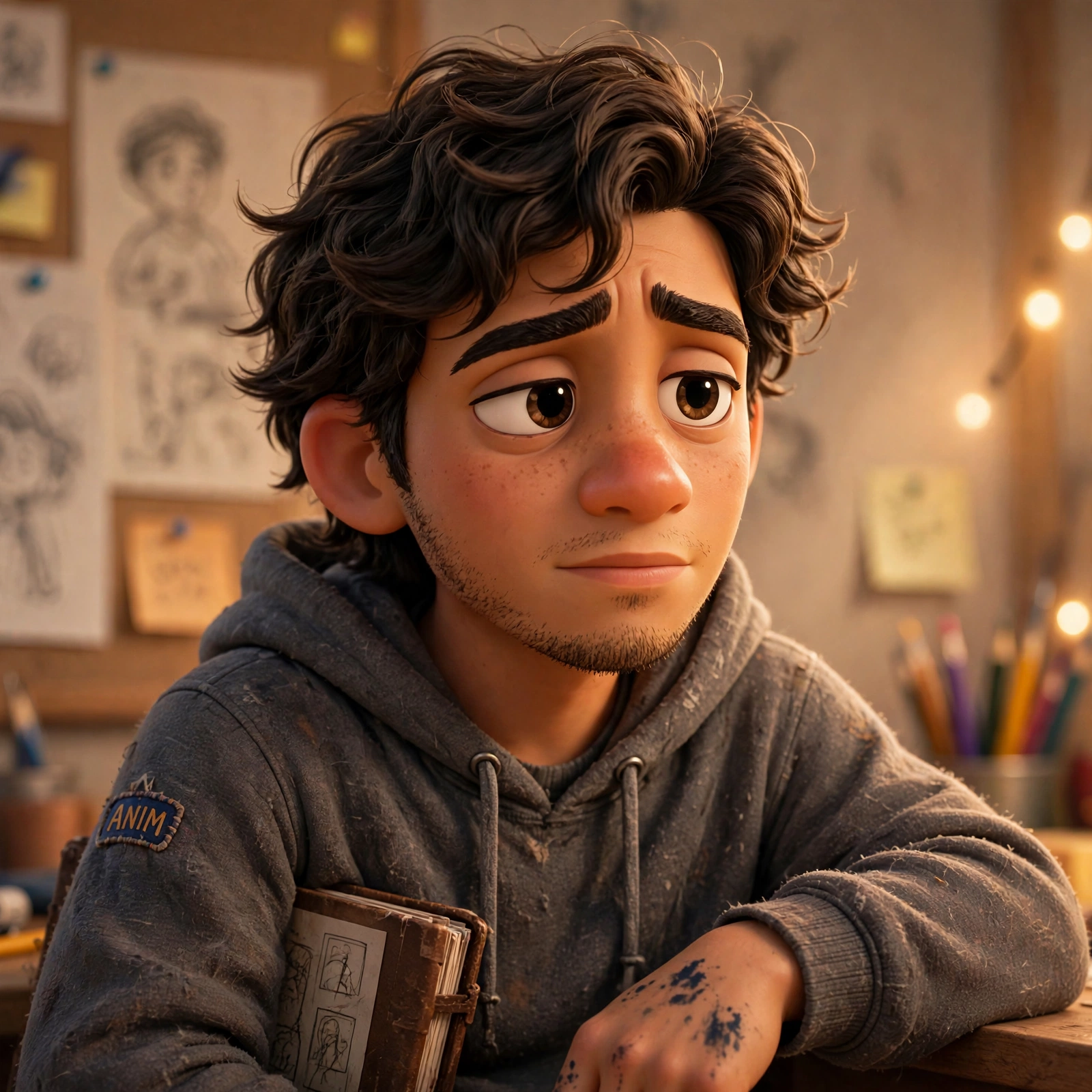 Nico Reyes, a 24-year-old animator in a worn hoodie with a sketchbook and ink on his fingers