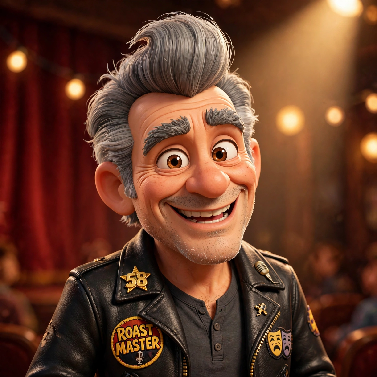 Ruckus Malone, a 58-year-old veteran comic in a leather jacket with a graying pompadour and a wicked grin