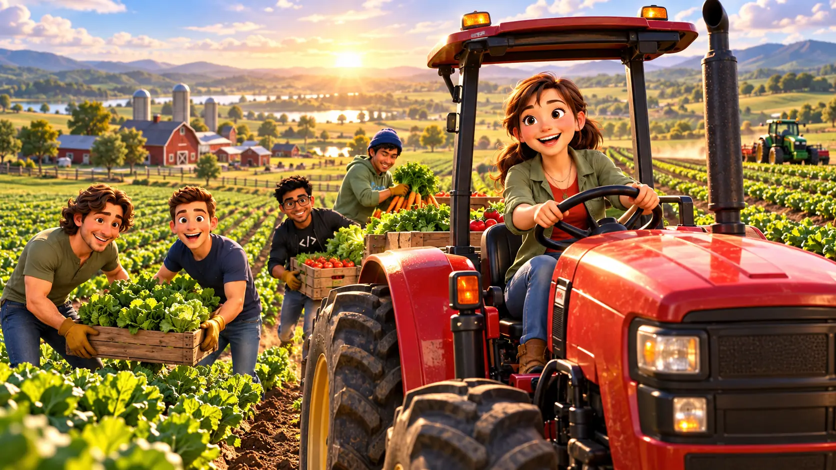 Sally driving a red tractor with four friends working among vegetable fields