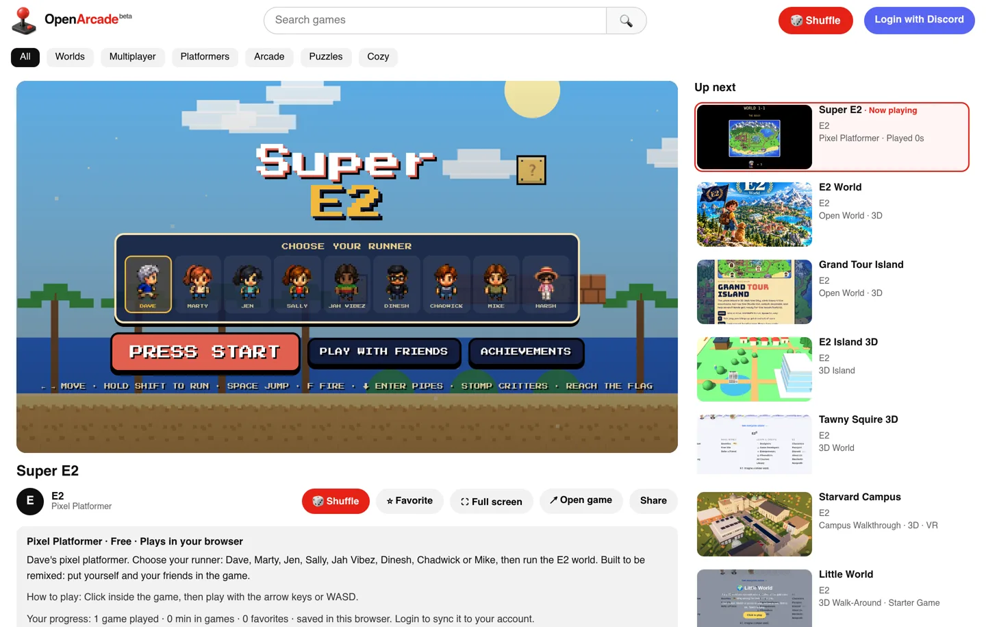 Open Arcade: Super E2 playing in the big player, Up next sidebar, Shuffle button