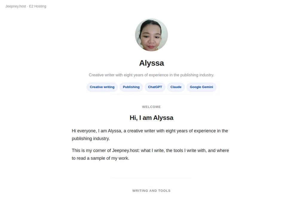 Preview of Alyssa's live site, the basic E2 member site: her photo, her name, what she does, and her story