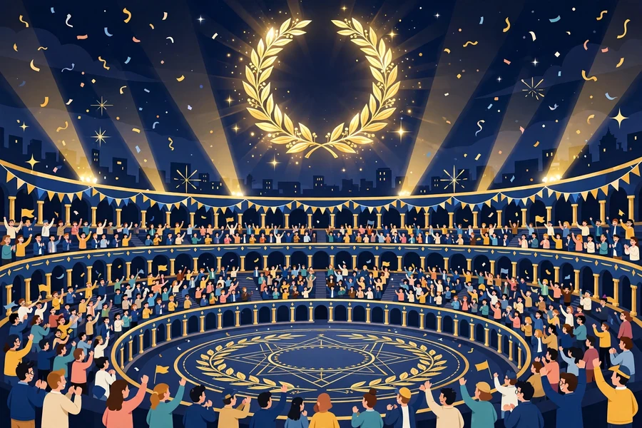 The Arena: the E2 Discord under the golden laurel, a packed colosseum of cheering members