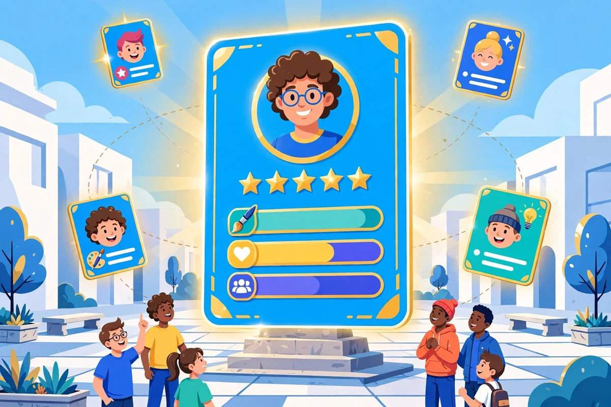 The Character Sheet: a giant glowing profile card standing in a plaza, with smaller profile cards orbiting it