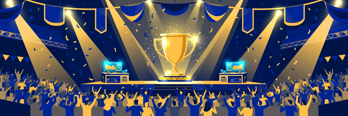 The Tournament: a championship stage with a giant golden trophy, competitor desks, spotlights, and a roaring crowd