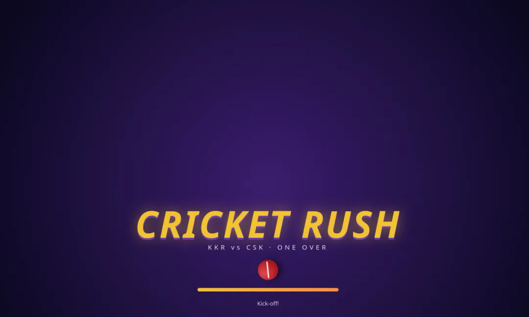 The Cricket Rush title screen: gold letters on purple, KKR vs CSK, one over
