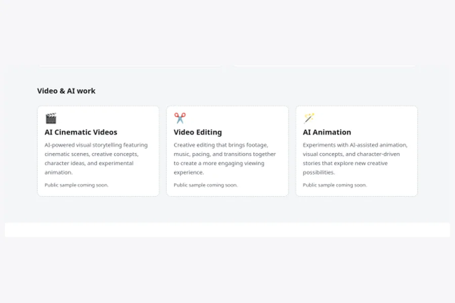 The Video and AI work cards on harsh.cool: AI Cinematic Videos, Video Editing, and AI Animation