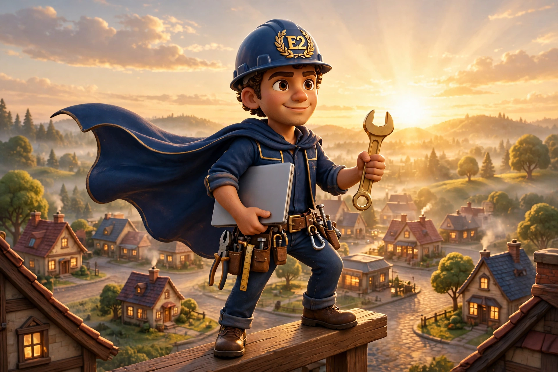 An E2 builder in a navy hard hat with a golden wrench, standing over the town at sunrise