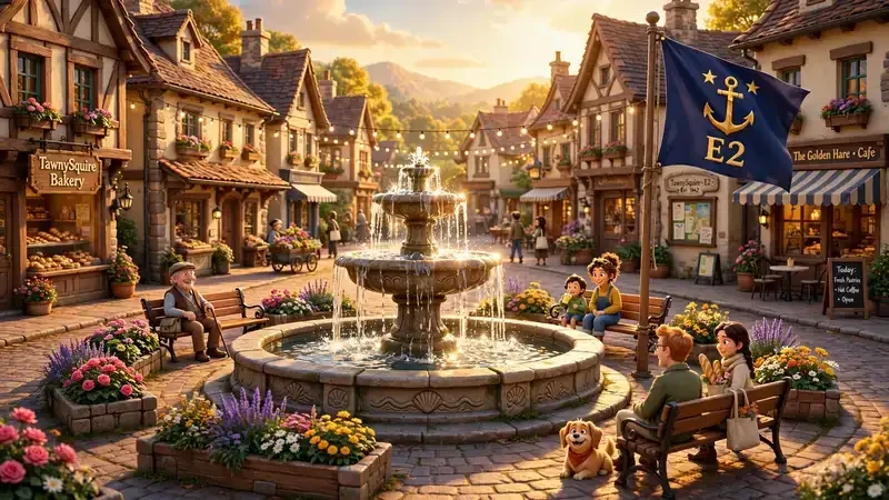 E2 City, the Tawny Squire town square with its fountain and the E2 flag
