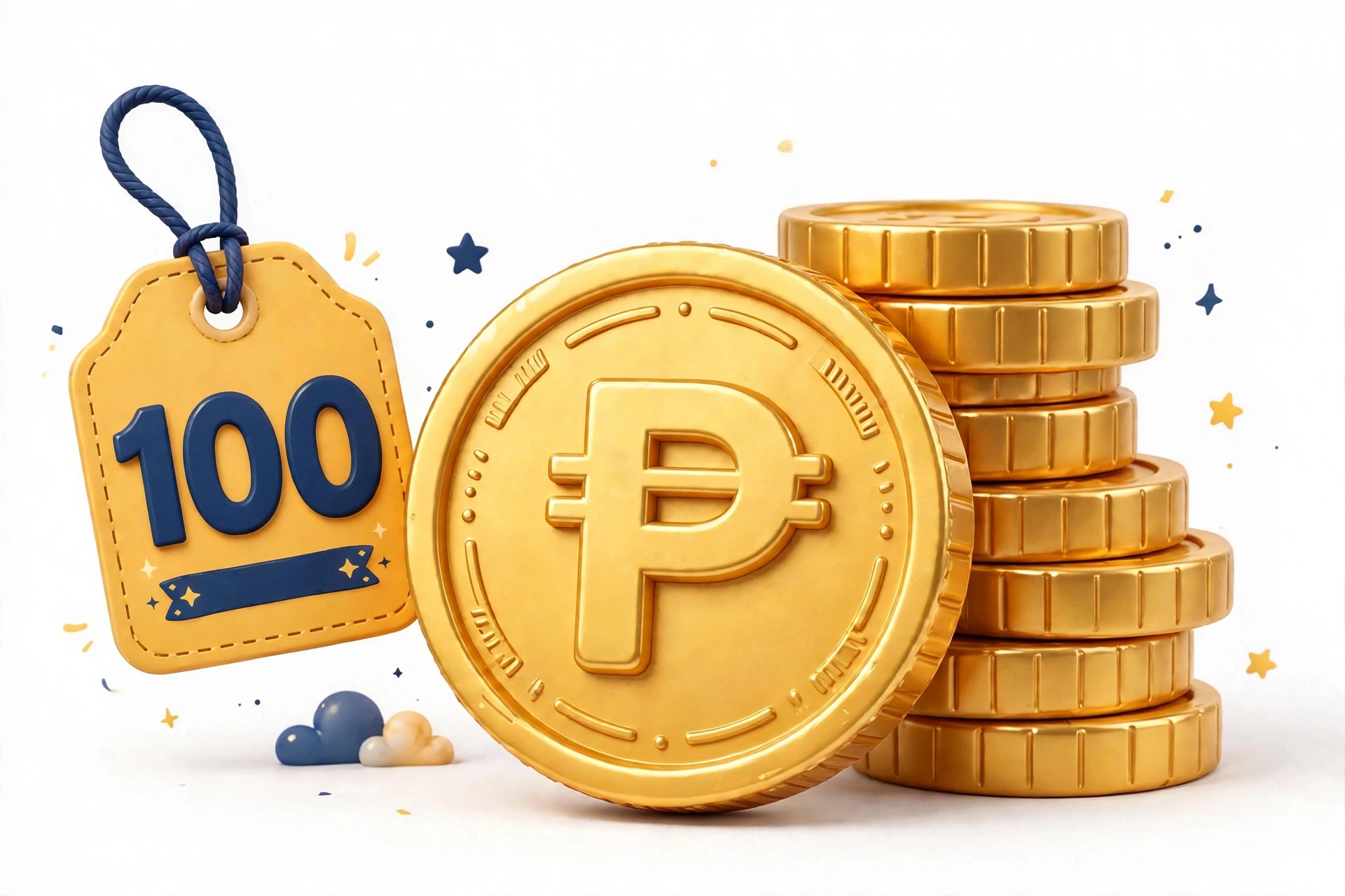 A stack of gold peso coins with a big 100 tag
