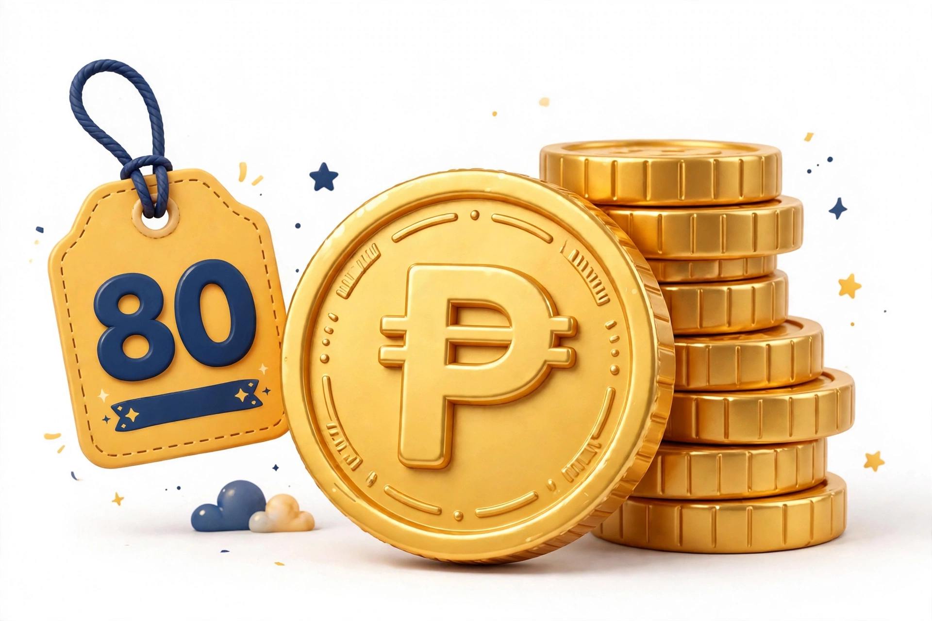 A stack of gold peso coins with a big 80 tag