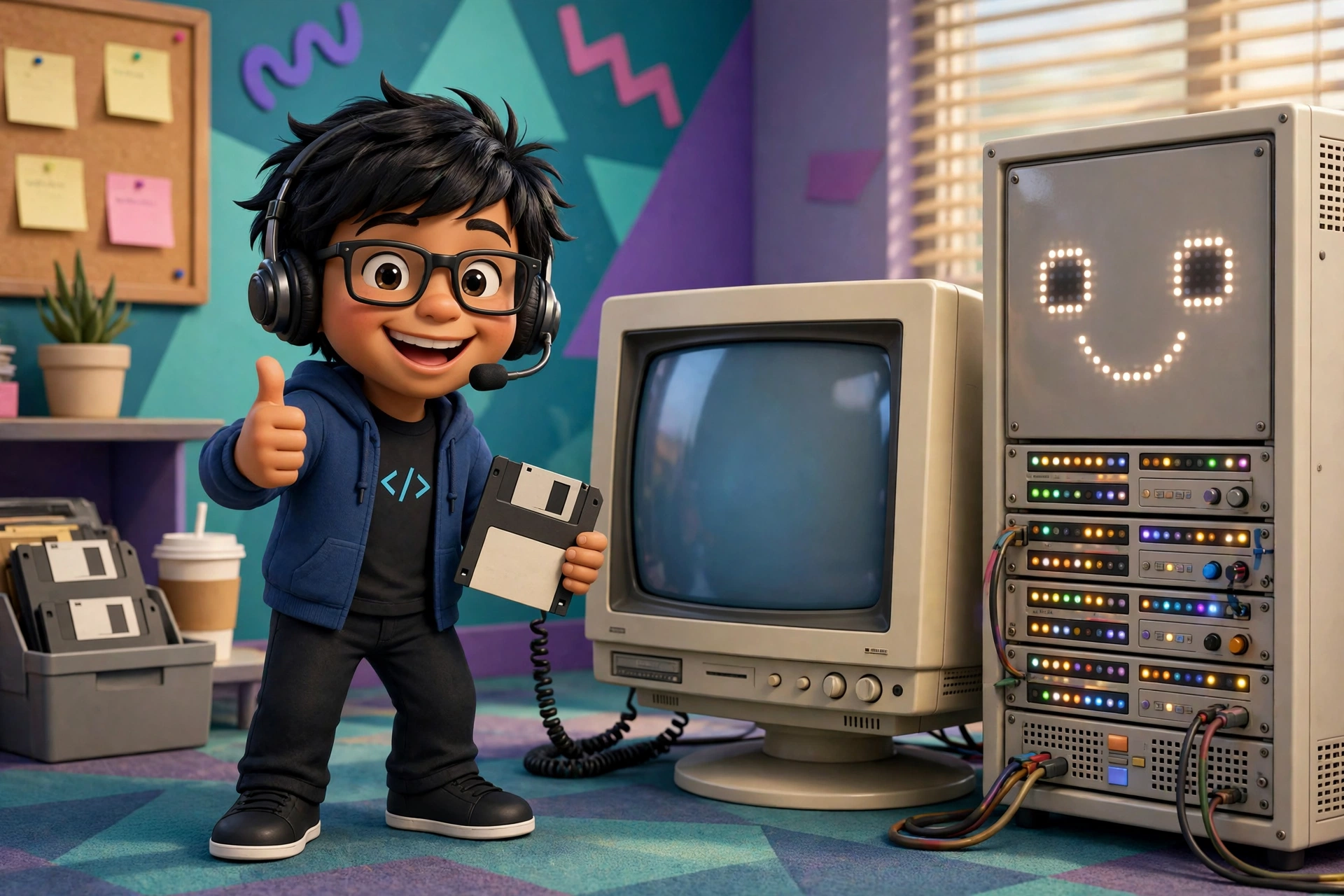Dinesh, the E2 server guy, giving a thumbs up next to a smiling server and a very large floppy disk