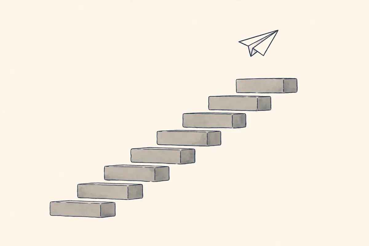 Illustration of steps rising, with a paper plane taking off