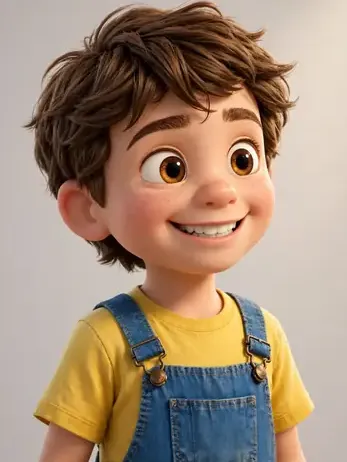 Leo smiling in his yellow shirt and denim overalls