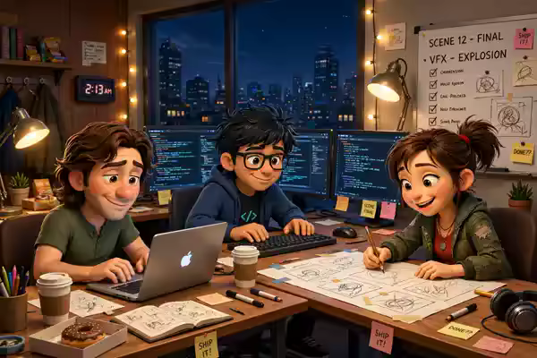 Mike, Dinesh and Sally working around the clock at the Studio office
