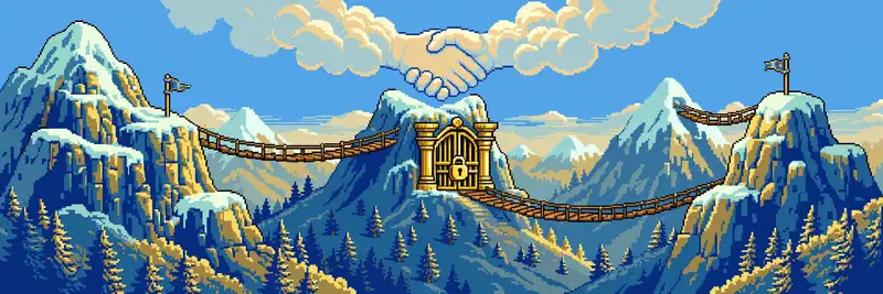16-bit mountain peaks with locked golden gates