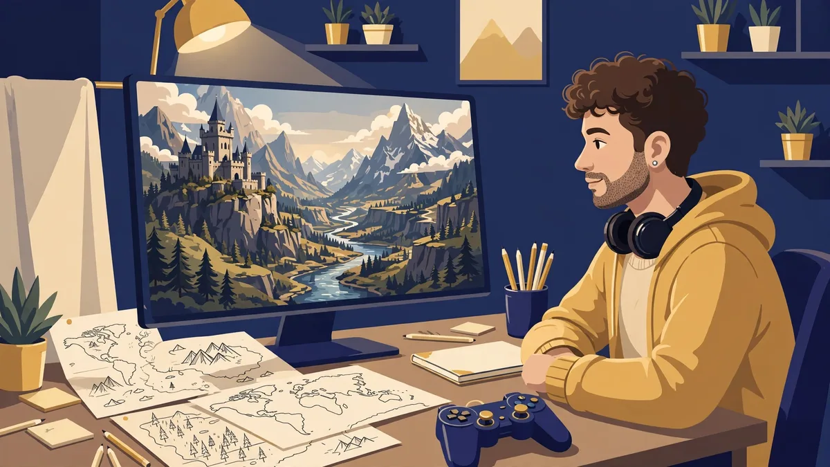 Illustration of a game designer looking at a vast fantasy world on a monitor