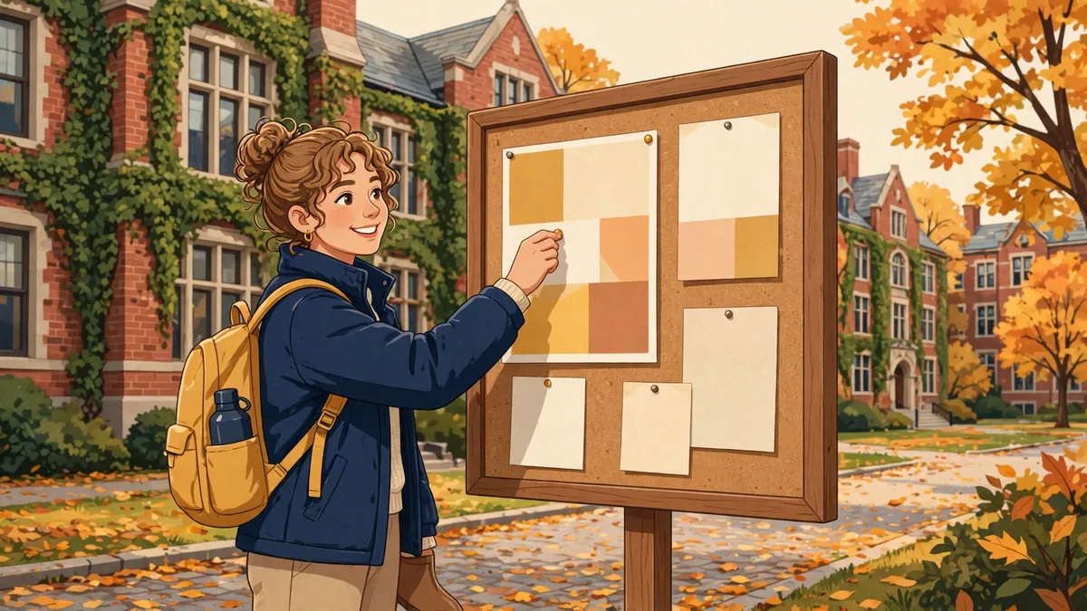 Illustration of a helper pinning a poster on a board in front of red brick, ivy-covered buildings
