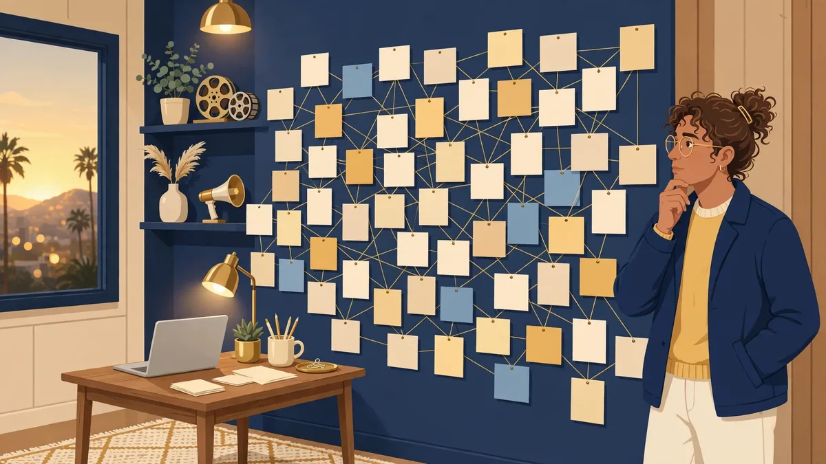 Illustration of a storyteller studying a wall of connected story cards in a studio office