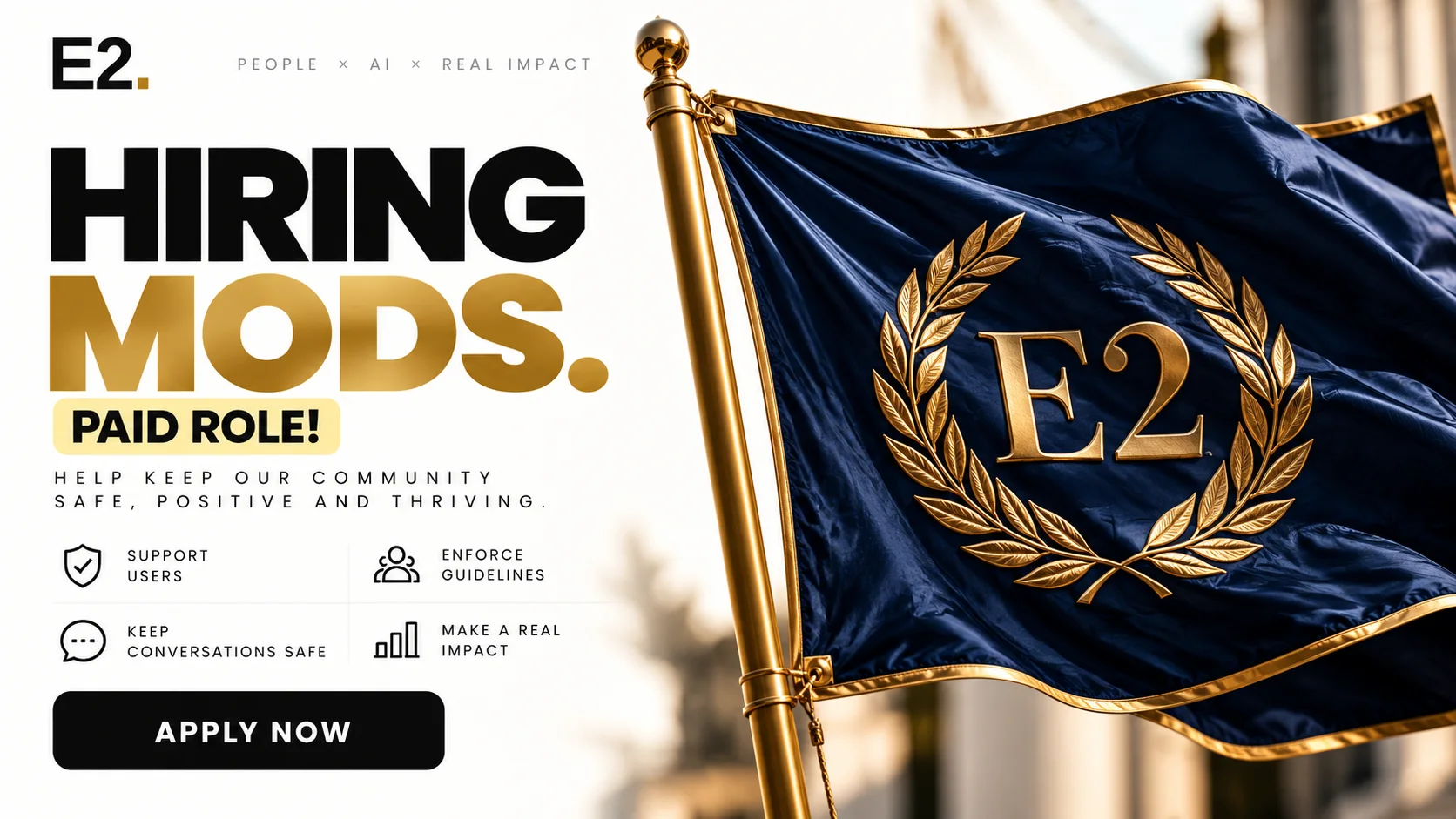 E2 flag banner that reads Hiring Mods, a paid role