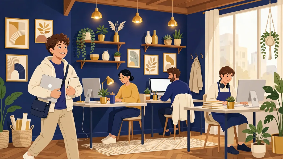 Illustration of an intern with a laptop walking through a bright creative studio