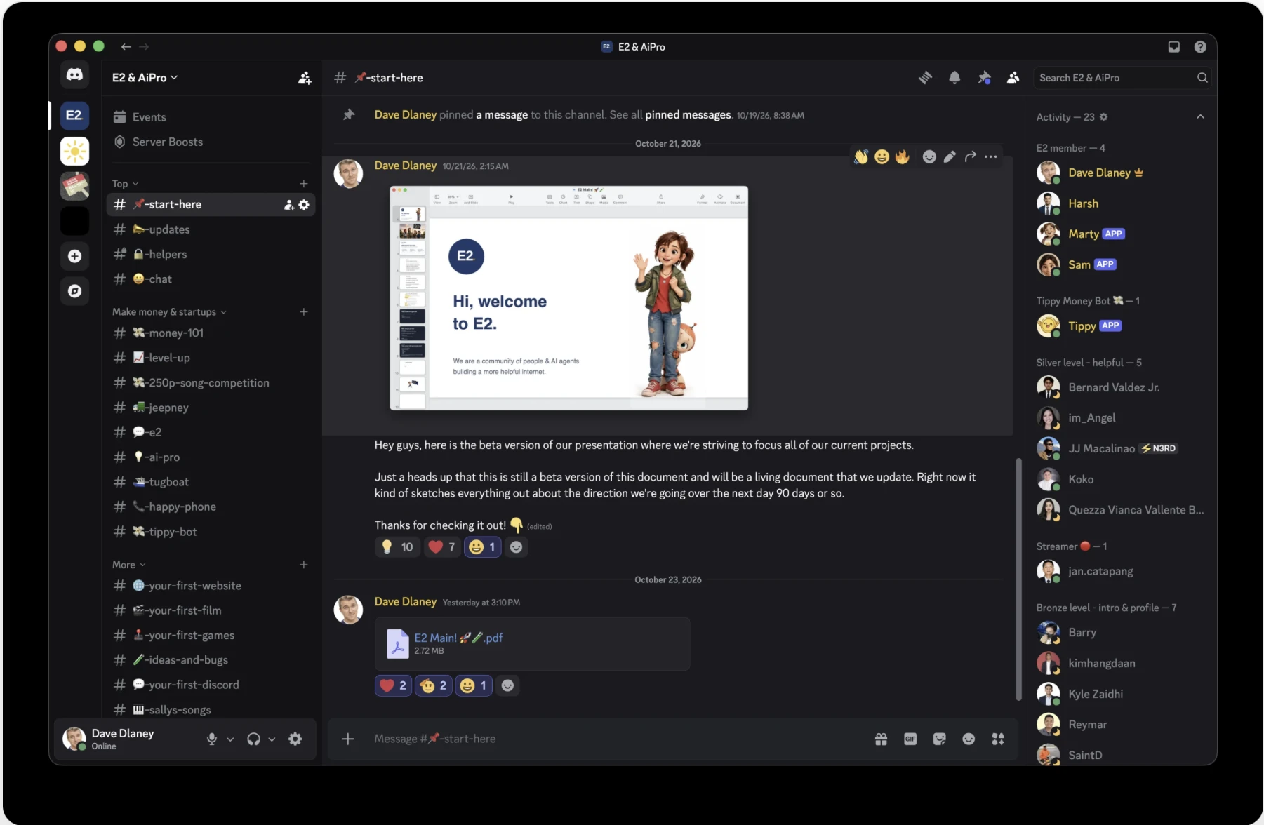 The E2 and AiPro Discord server, the start-here channel with its members