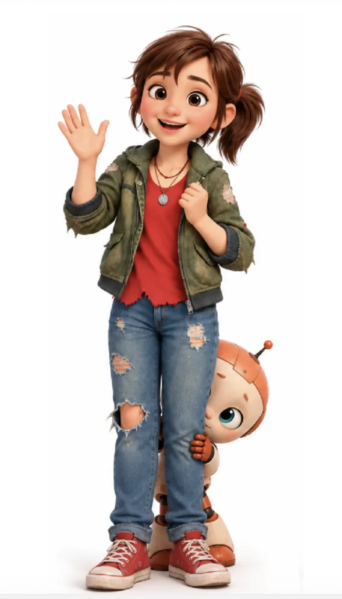 Sally, an E2 character, waving hello with Doodle the little robot peeking out from behind her legs