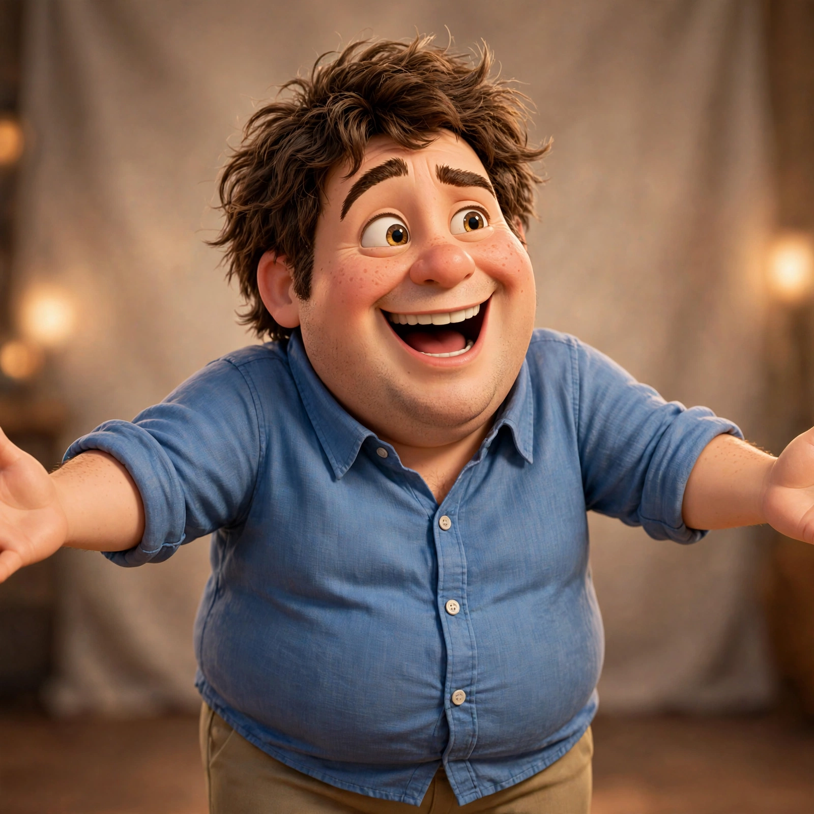 Buster, a big cheerful animated guy in a blue button-down, laughing with arms wide open