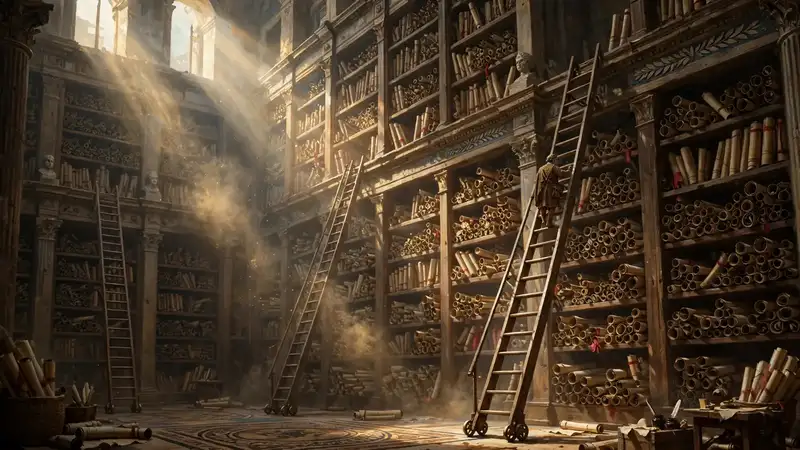 Towering ancient scroll library with wooden ladders and beams of light, a tiny historian climbing a ladder