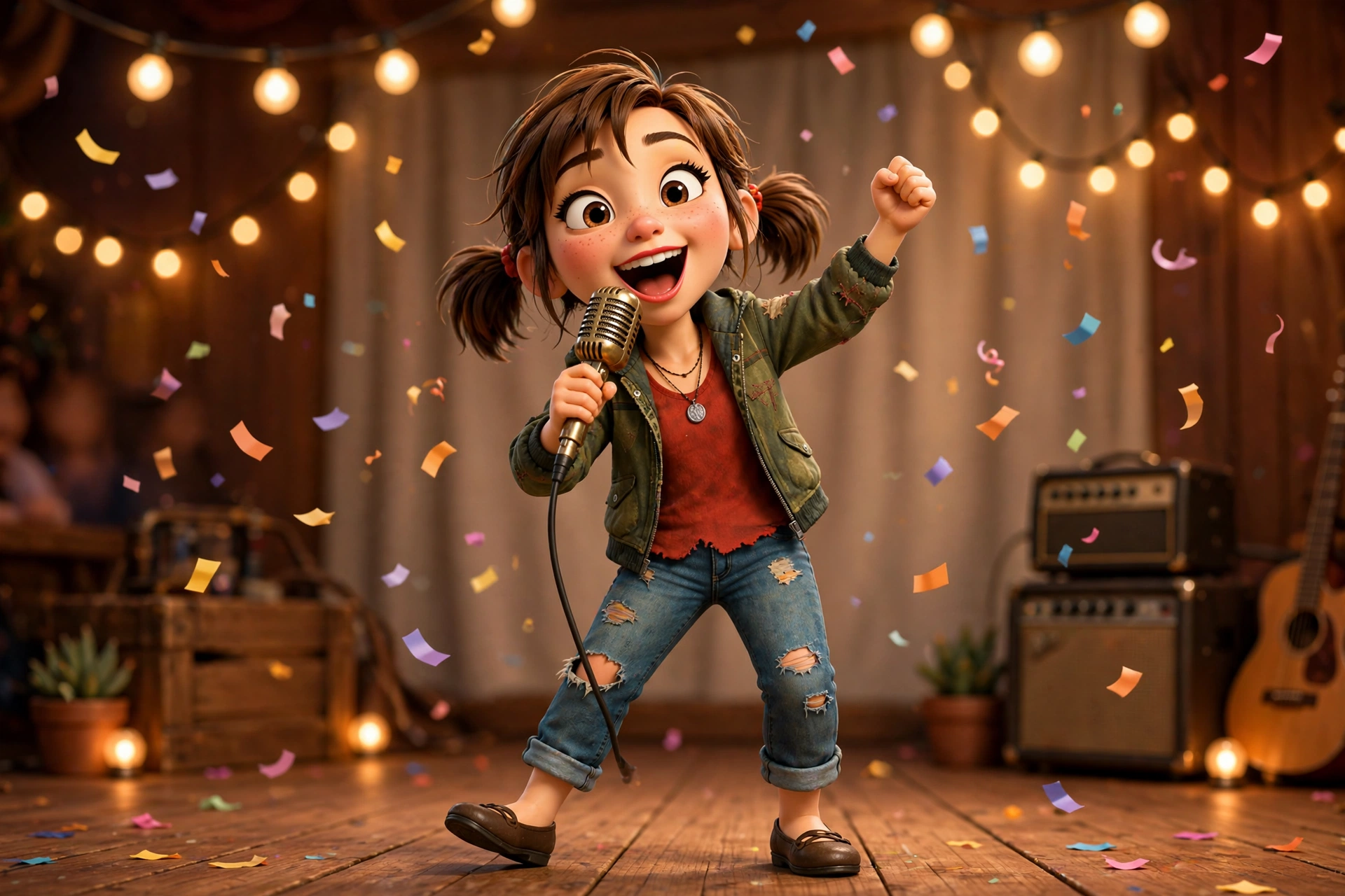 Sally singing with her song notebook
