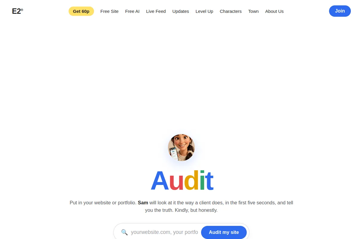 Preview of Sam's Site Audit page: the Google style Audit wordmark with Sam's face and one search box for your website