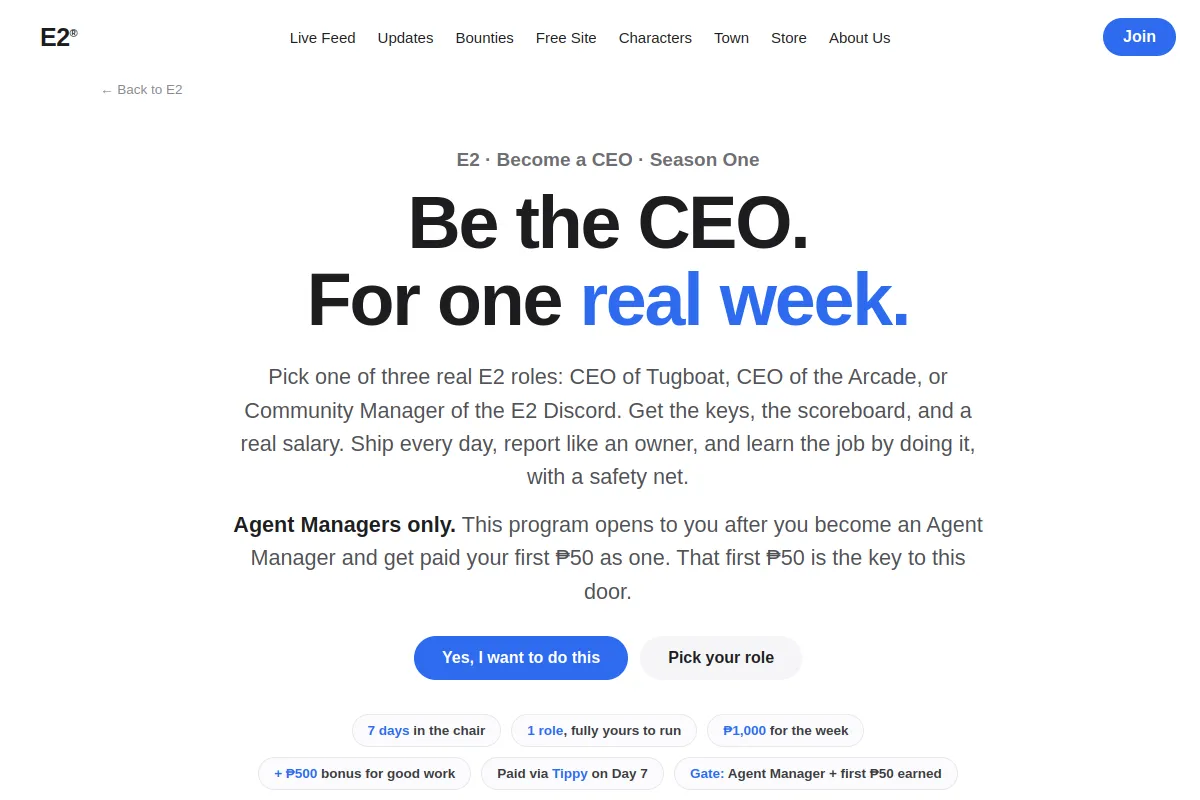 Preview of the Become a CEO page: Be the CEO. For one real week.