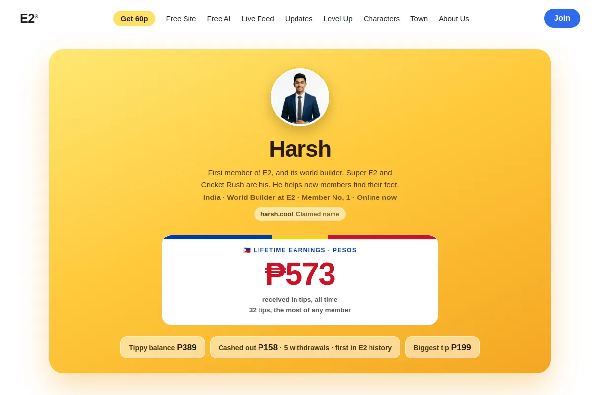 Preview of a member profile page: Harsh's gold profile with his lifetime earnings in pesos up top