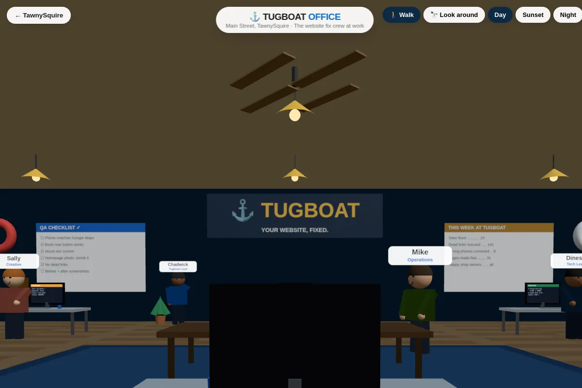 Preview of the Tugboat Office in 3D: the walkable office with the big TUGBOAT sign, the QA checklist board, and the team at their desks