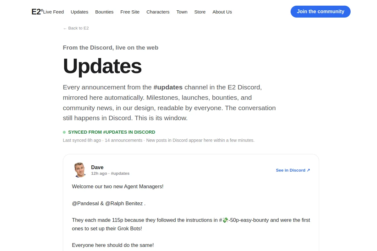 Preview of the Updates page: announcements from the E2 Discord, mirrored live to the web