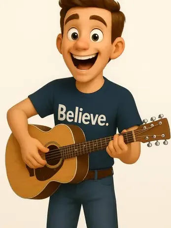 Chadwick Blaze playing guitar in his Believe shirt