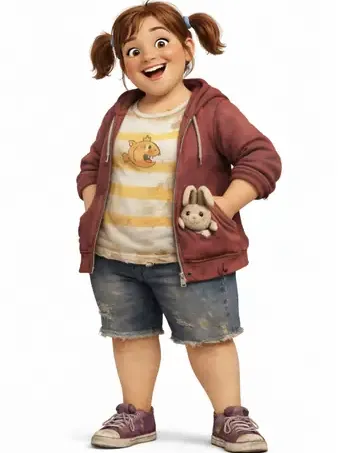 Marty smiling with pigtails and a bunny plush peeking from her hoodie pocket