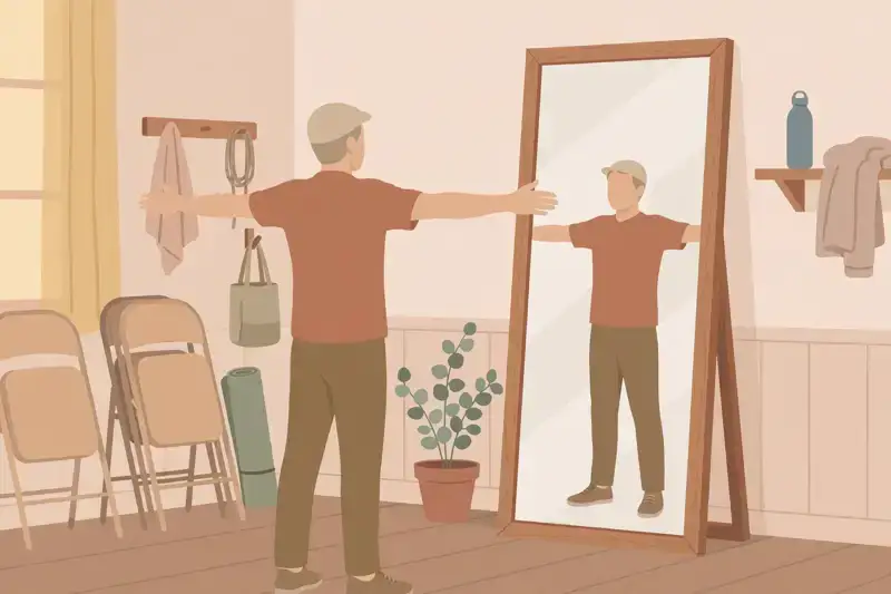 An actor warming up in front of a tall mirror in a rehearsal room