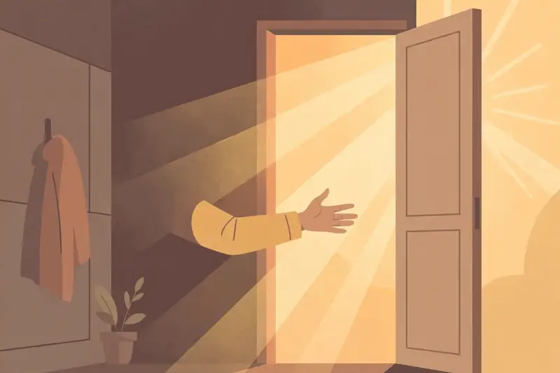 A door opening to warm light, reaching out for help
