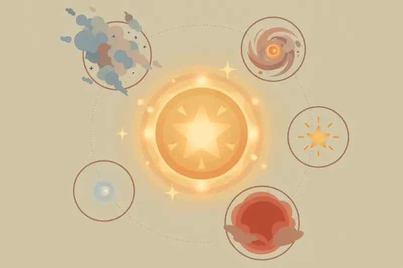 A glowing star with stages of its life cycle shown around it