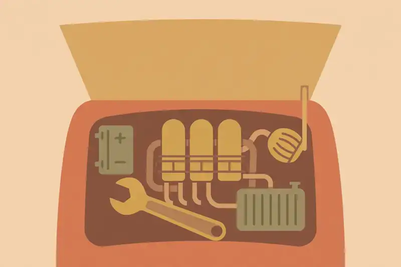 An open car hood with simple engine shapes and a wrench