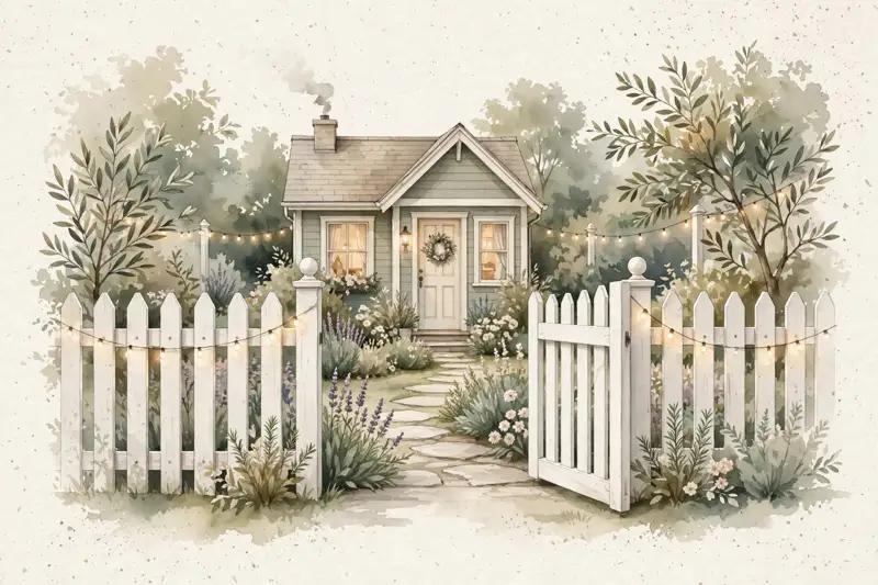 A picket fence with an open gate around a cozy house