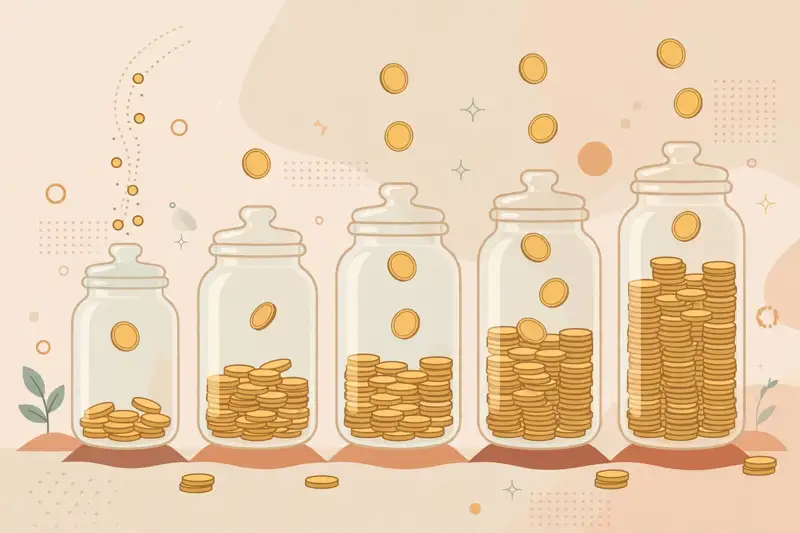 Several glass jars labeled for different savings goals filling with coins