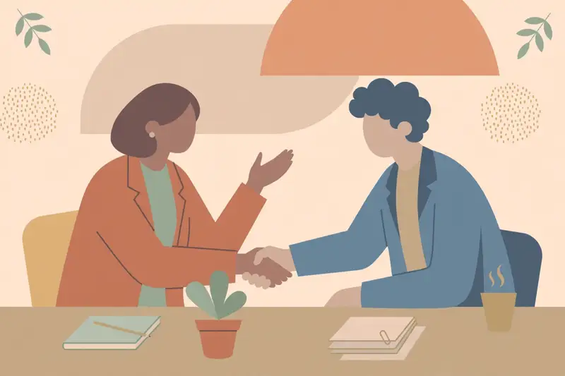 A confident salary negotiation conversation with a handshake across a desk