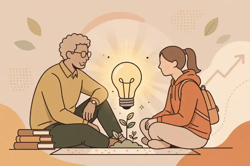 A mentor and mentee with a glowing lightbulb between them