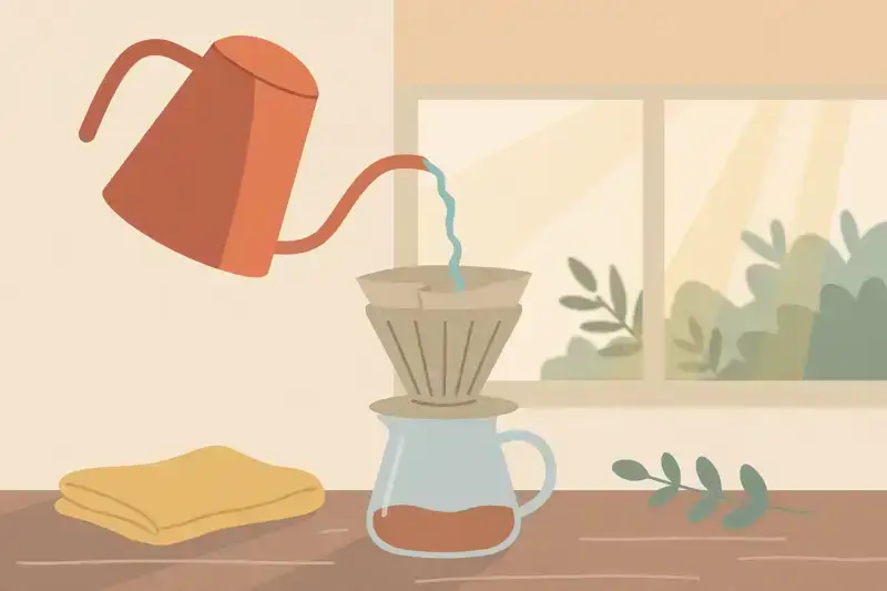 A flat illustration of a gooseneck kettle pouring over a coffee dripper